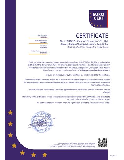 CE certificate of stainless steel and air filter products
